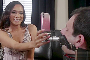 Stunning ebony ts throat fucking her sub