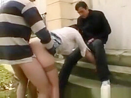 Sylvie, french BBW, fucked by 2 men in the street