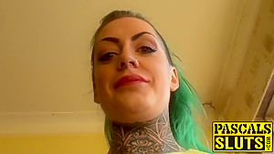 Tattooed babe Phoenix Madina strips off and masturbates