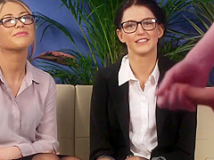 Two cute girls watch guy squirt his load
