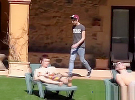 Two very cute youngsters lusty anal fucking in the backyard