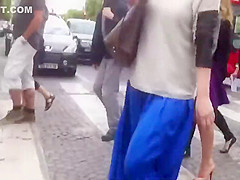Upskirt look under milf's purple skirt
