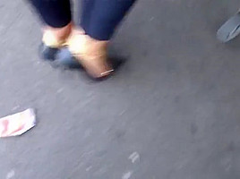 Walking with stilettos full of cum