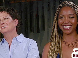 Whipping ebony dyke punishes trapped lesbian with toys