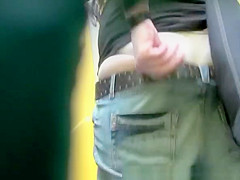 Woman pulls jeans pants and pees