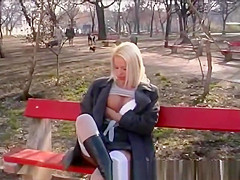 blonde girl peeing in public