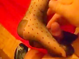 hot vintage dotted stockings footjob and her reward !