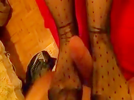 hot vintage dotted stockings footjob and her reward !