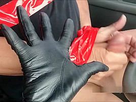 leather gloves gagging and cum
